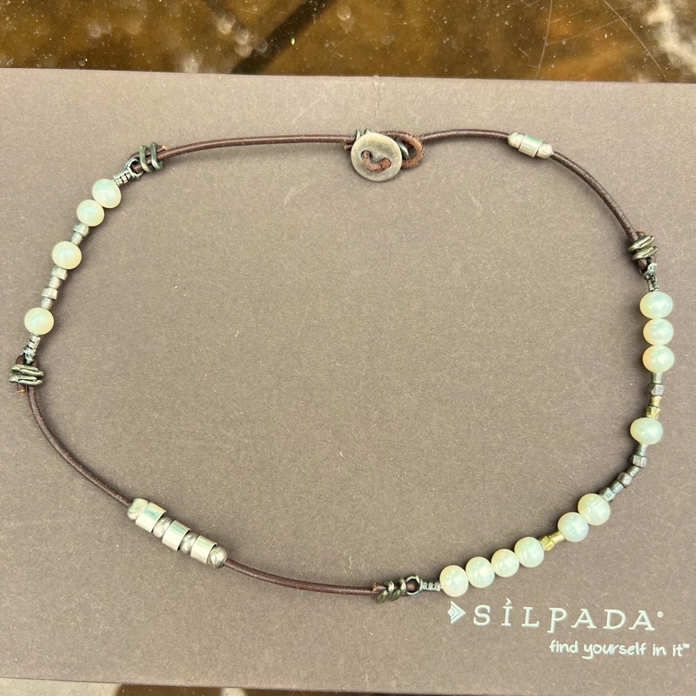 Silpada sterling silver, brown leather, and pearl bead necklace